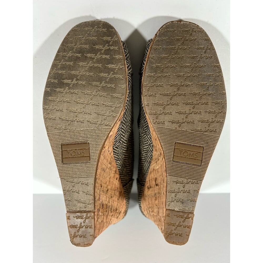 Toms Tweed Herringbone Brown Tan Peep Toe Cork Wedge Heel Women’s Size 6.5 - Picture 6 of 8